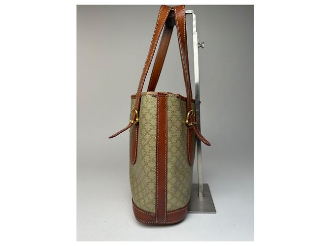 Céline Vintage Celine Paris Triomphe Monogramm Leder Eimer Tasche Braun Grün Beige - Ansicht 7