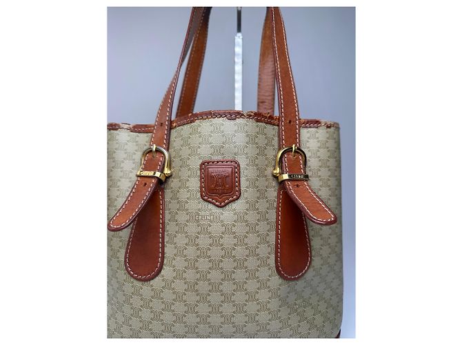 Céline Vintage Celine Paris Triomphe Monogramm Leder Eimer Tasche Braun Grün Beige - Ansicht 8