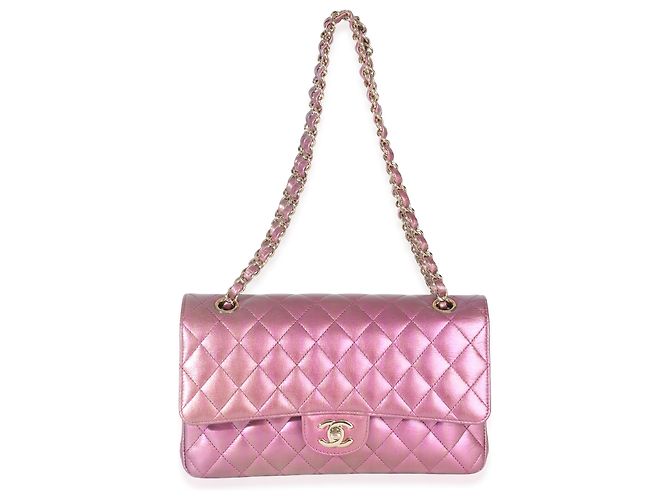 Timeless Chanel Mittelgroße Tasche aus schimmerndem, dunkelrosa, gesteppte Lammleder mit doppeltem Klappenverschluss - Ansicht 5