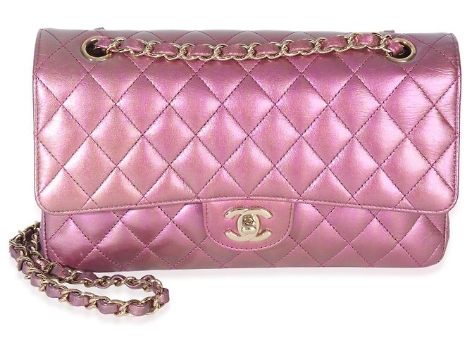 Timeless Chanel Mittelgroße Tasche aus schimmerndem, dunkelrosa, gesteppte Lammleder mit doppeltem Klappenverschluss - Ansicht 8