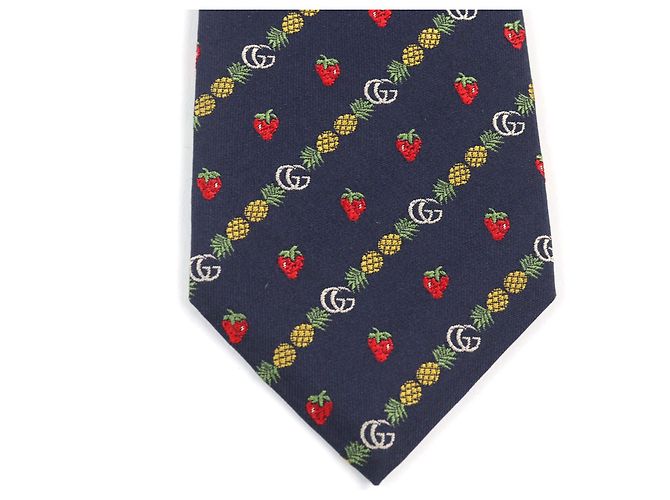 Cravatta in seta Gucci GG logo Ape Ananas Fragola Blu Blu navy - vista 5