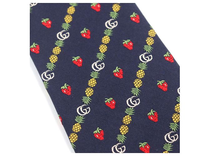 Cravatta in seta Gucci GG logo Ape Ananas Fragola Blu Blu navy - vista 6