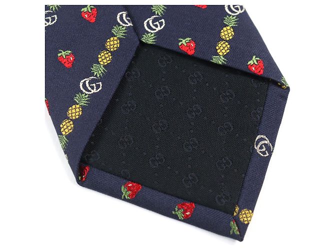 Cravatta in seta Gucci GG logo Ape Ananas Fragola Blu Blu navy - vista 8