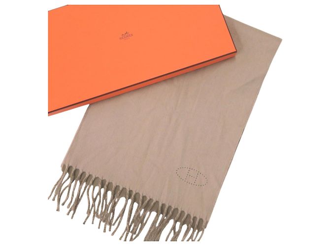 Hermès Evelyn Fransen Cashmere Schal Beige Khaki - Ansicht 2