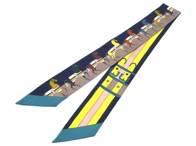 Hermès Twilly Rocabar Horse Gürtel-Schal Gelb Marineblau - Ansicht 2