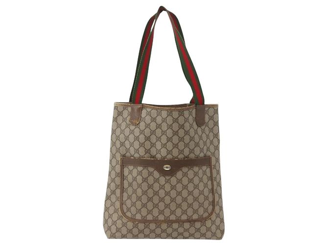 Borsa tote Gucci GG Supreme Web Sherry Line in PVC beige e oro 39 02 003 Auth fm5189 - vista 2
