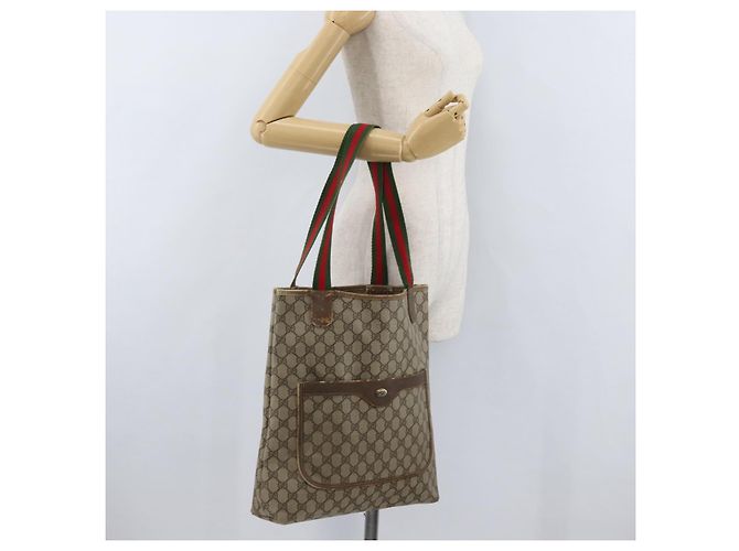 Borsa tote Gucci GG Supreme Web Sherry Line in PVC beige e oro 39 02 003 Auth fm5189 - vista 22