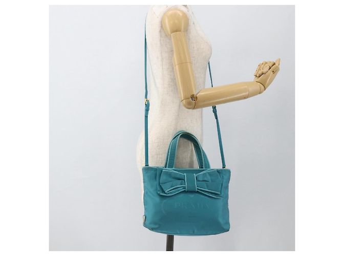 Ribbon PRADA Borsa a mano in nylon con nastro 2 in 1 azzurro chiaro oro Auth ka2797 D'oro Blu chiaro - vista 25