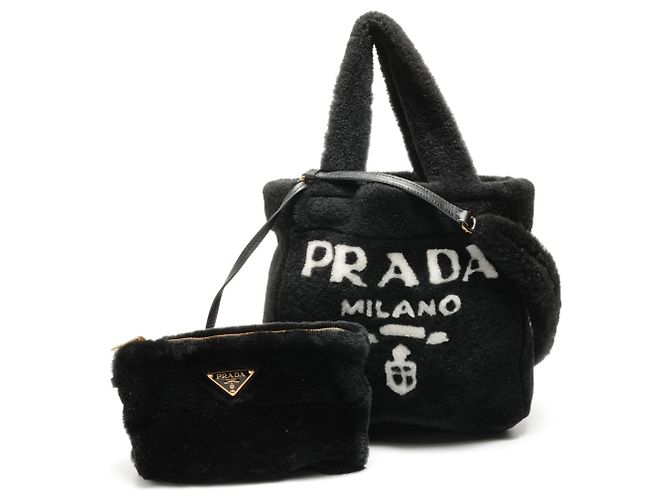 Borsa 2 in 1 in shearling e pelliccia di pecora con logo Prada Nero - vista 2