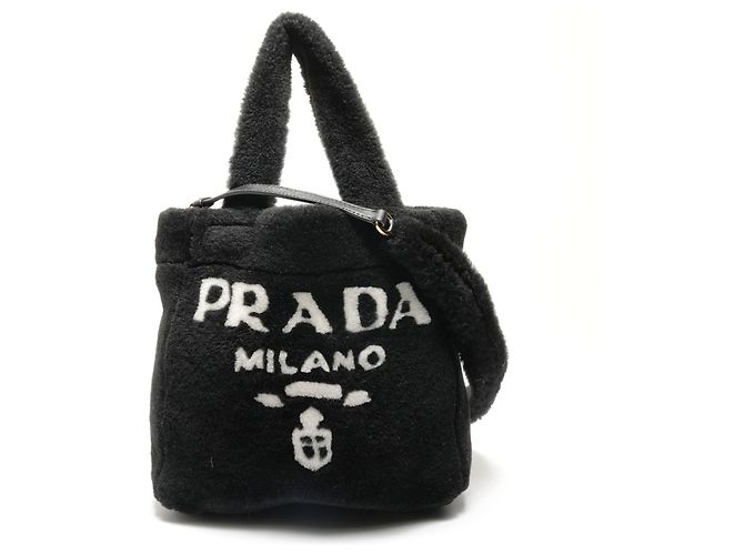 Borsa 2 in 1 in shearling e pelliccia di pecora con logo Prada Nero - vista 3