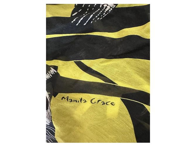 Autre Marque Foulard Manila Grace con Stampa Piume Cotone Nero Giallo - vista 3