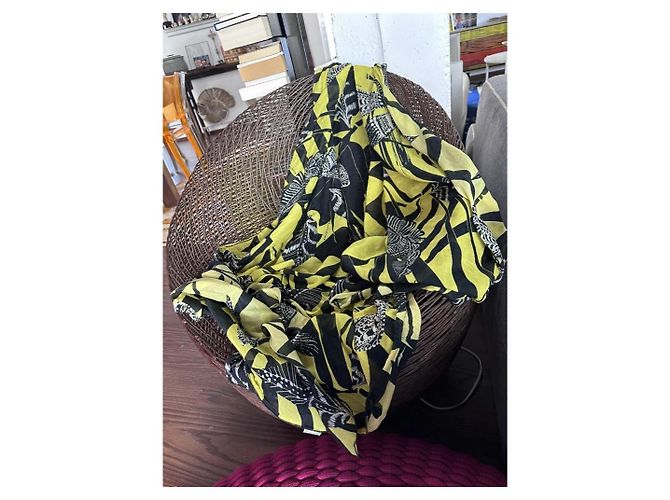 Autre Marque Foulard Manila Grace con Stampa Piume Cotone Nero Giallo - vista 6