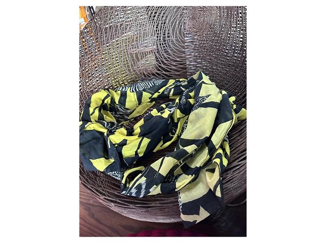 Autre Marque Foulard Manila Grace con Stampa Piume Cotone Nero Giallo - vista 7