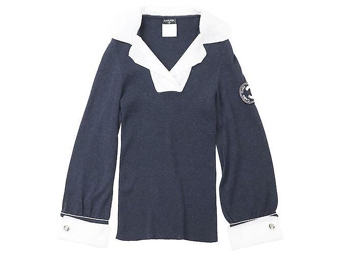 Classique Pull en maille coton et nylon Chanel Bleu - vue 11