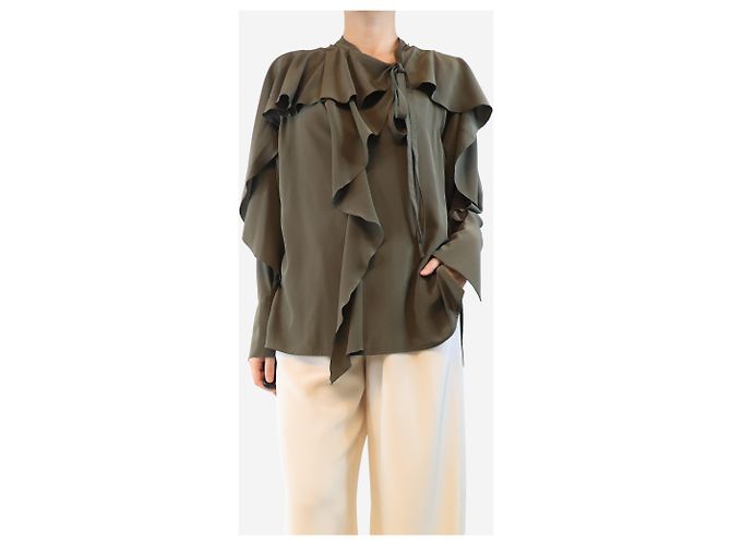 Victoria Beckham Khaki Seidenbluse mit Rüschen - Größe UK 10 Grün - Ansicht 3