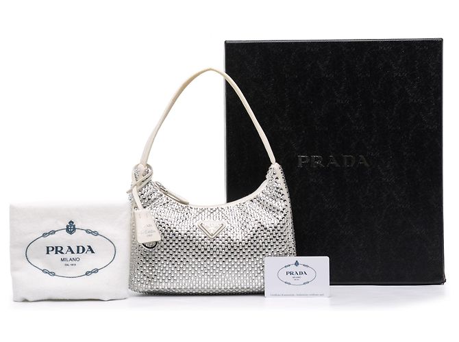 Prada White Mini Satin Crystal Re-Edition 2000 Shoulder Bag - view 11