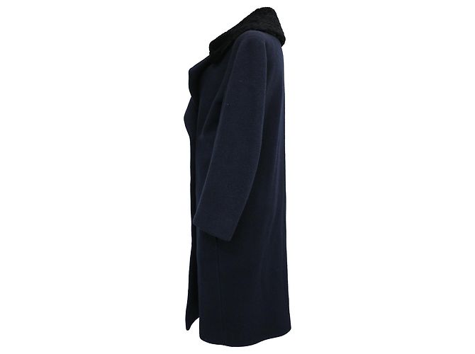Acne Studios Era Single-Breasted Faux Fur Collared Coat in Navy Blue Wool - view 2