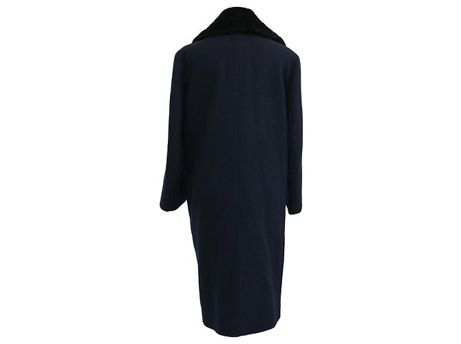 Acne Studios Era Single-Breasted Faux Fur Collared Coat in Navy Blue Wool - view 3