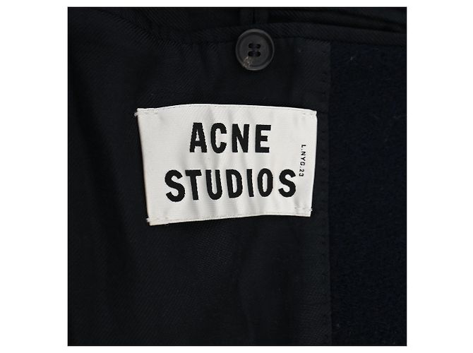 Acne Studios Era Single-Breasted Faux Fur Collared Coat in Navy Blue Wool - view 4