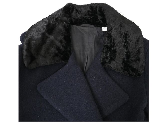 Acne Studios Era Single-Breasted Faux Fur Collared Coat in Navy Blue Wool - view 5