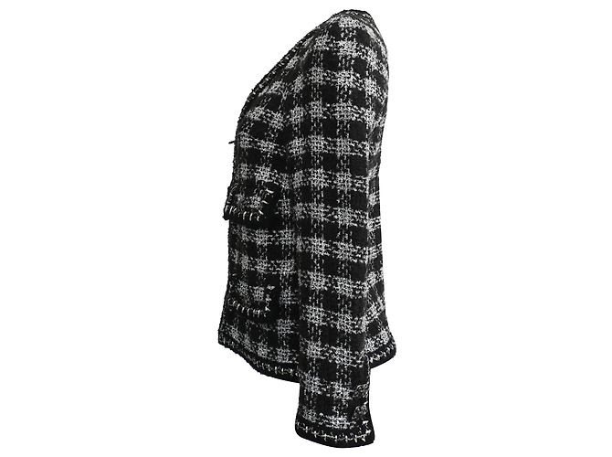 Veste zippée en tweed Chanel en laine noire et blanche - vue 2