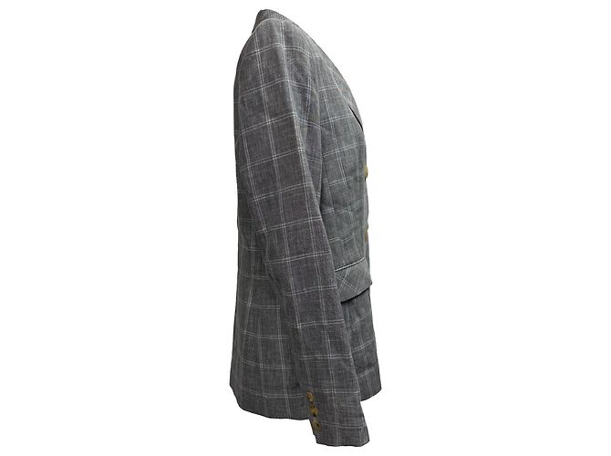Grau Leinen Sandro Iveline Karo-Doppelreiher Blazer - Ansicht 2