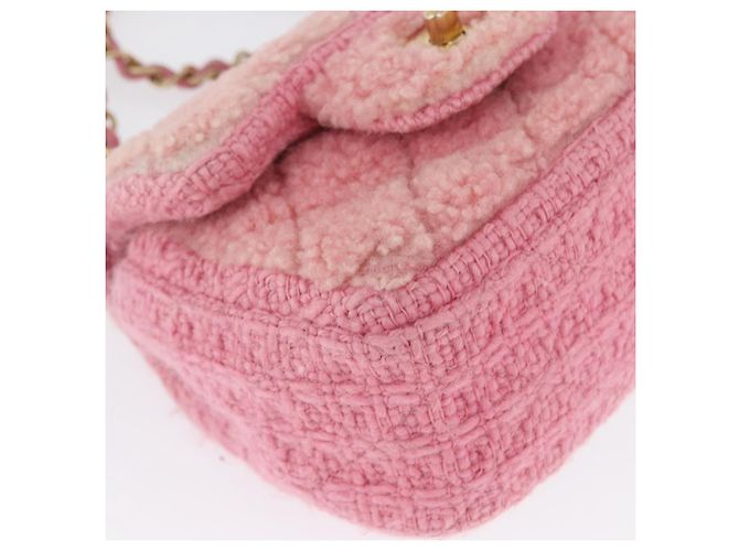 CHANEL Mini Matelassé 15 Bolsa de Ombro com Corrente Lã Rosa Ouro CC Auth 173407SAM Dourado - vista 11