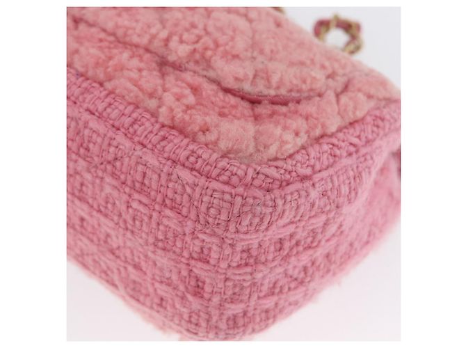 CHANEL Mini Matelassé 15 Bolsa de Ombro com Corrente Lã Rosa Ouro CC Auth 173407SAM Dourado - vista 14