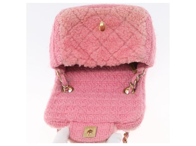 CHANEL Mini Matelassé 15 Bolsa de Ombro com Corrente Lã Rosa Ouro CC Auth 173407SAM Dourado - vista 16