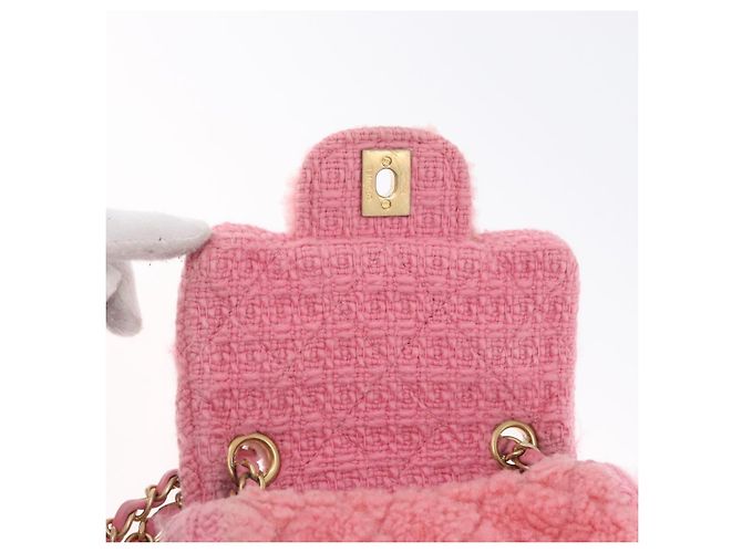 CHANEL Mini Matelassé 15 Bolsa de Ombro com Corrente Lã Rosa Ouro CC Auth 173407SAM Dourado - vista 17