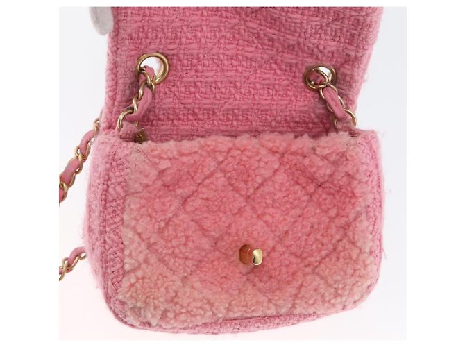 CHANEL Mini Matelassé 15 Bolsa de Ombro com Corrente Lã Rosa Ouro CC Auth 173407SAM Dourado - vista 18