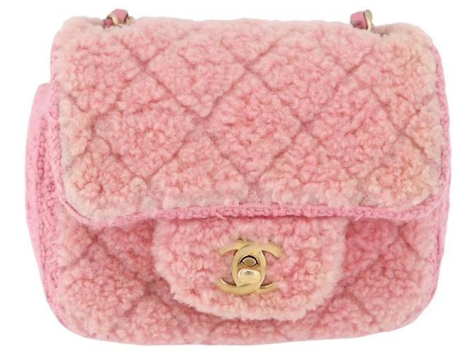 CHANEL Mini Matelassé 15 Bolsa de Ombro com Corrente Lã Rosa Ouro CC Auth 173407SAM Dourado - vista 2