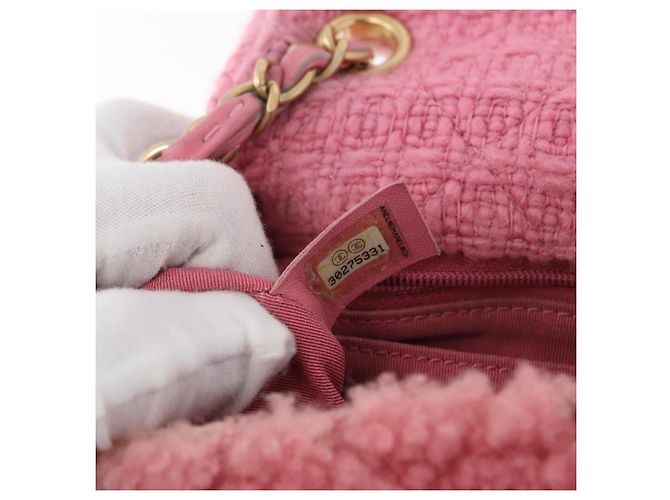 CHANEL Mini Matelassé 15 Bolsa de Ombro com Corrente Lã Rosa Ouro CC Auth 173407SAM Dourado - vista 27