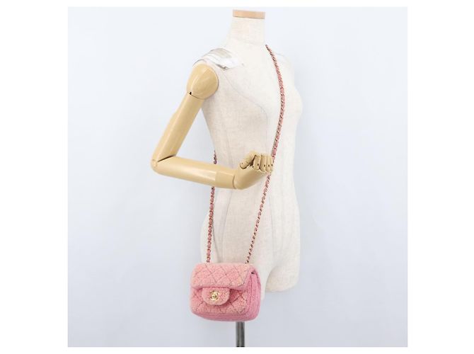 CHANEL Mini Matelassé 15 Bolsa de Ombro com Corrente Lã Rosa Ouro CC Auth 173407SAM Dourado - vista 28