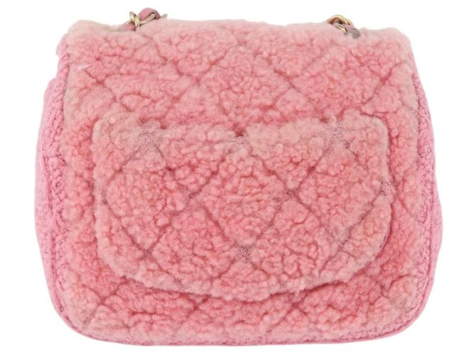 CHANEL Mini Matelassé 15 Bolsa de Ombro com Corrente Lã Rosa Ouro CC Auth 173407SAM Dourado - vista 3