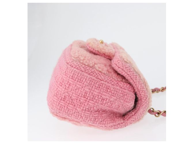 CHANEL Mini Matelassé 15 Bolsa de Ombro com Corrente Lã Rosa Ouro CC Auth 173407SAM Dourado - vista 4