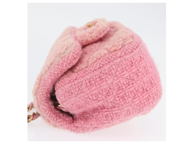 CHANEL Mini Matelassé 15 Bolsa de Ombro com Corrente Lã Rosa Ouro CC Auth 173407SAM Dourado - vista 5
