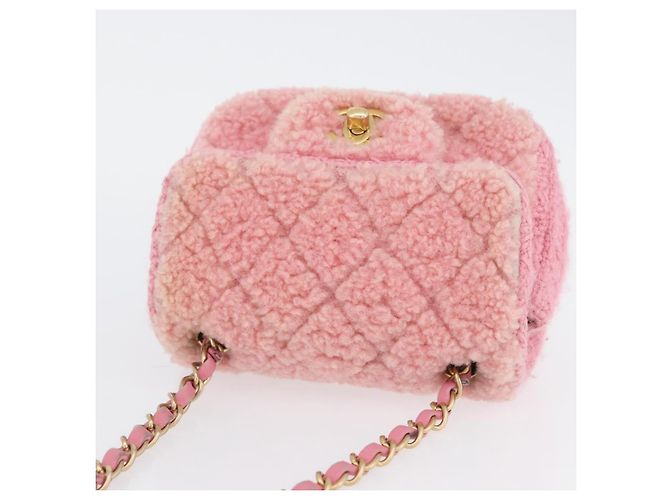 CHANEL Mini Matelassé 15 Bolsa de Ombro com Corrente Lã Rosa Ouro CC Auth 173407SAM Dourado - vista 6