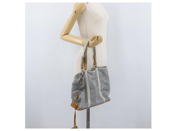 PRADA Mesh Sporttasche aus Nylon mit lackiertem Leder Grau Silber Auth 173584 Braun - Ansicht 21