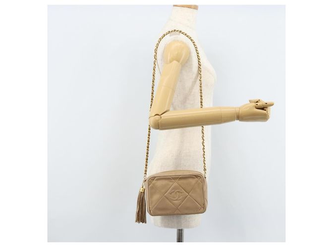 CHANEL Borsa a Spalla Matelassé in Pelle di Agnello Beige Oro CC Auth gh1759 D'oro - vista 23