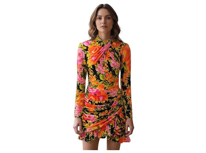 Autre Marque Richard Quinn Orange Multi Rüsch Blumen Samt Mini Kleid Mehrfarben - Ansicht 7