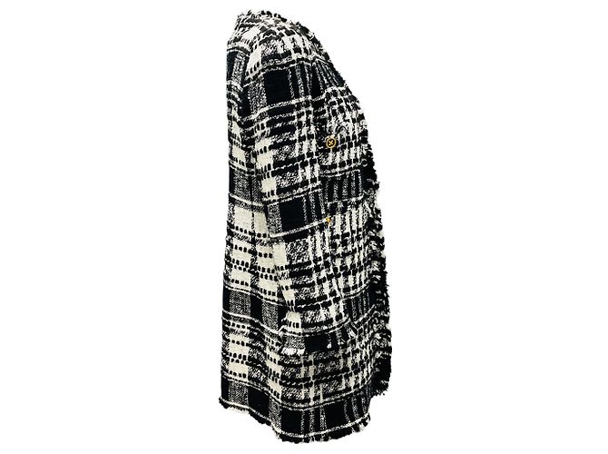 Abrigo de tweed negro / blanco con flecos Edward Achour y botones dorados - vista 2