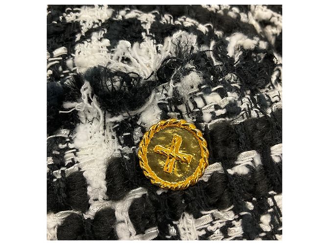 Abrigo de tweed negro / blanco con flecos Edward Achour y botones dorados - vista 6