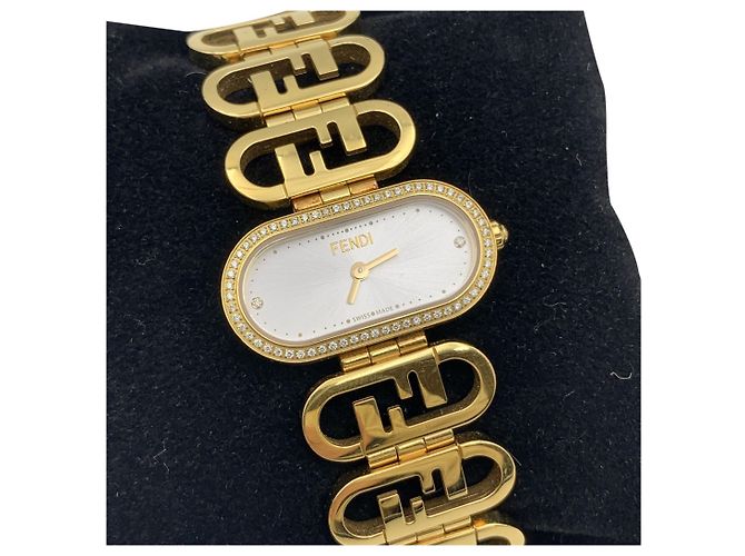 Fendi Goldene Edelstahl-Uhr mit horizontalen O'Lock-Diamanten - Ansicht 3