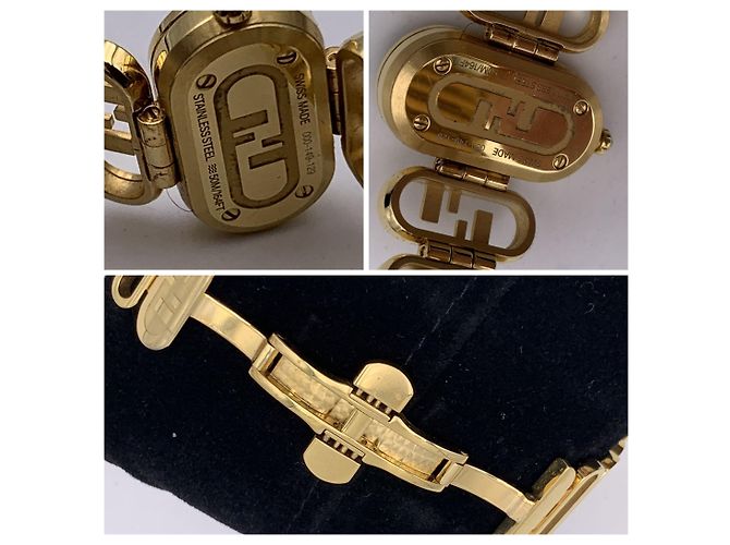Fendi Goldene Edelstahl-Uhr mit horizontalen O'Lock-Diamanten - Ansicht 5