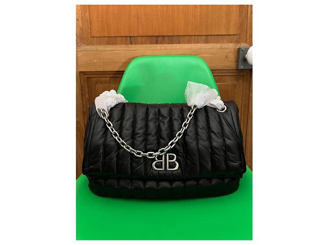 Borsa a spalla Balenciaga Monaco media con tracolla a catena Nero - vista 3
