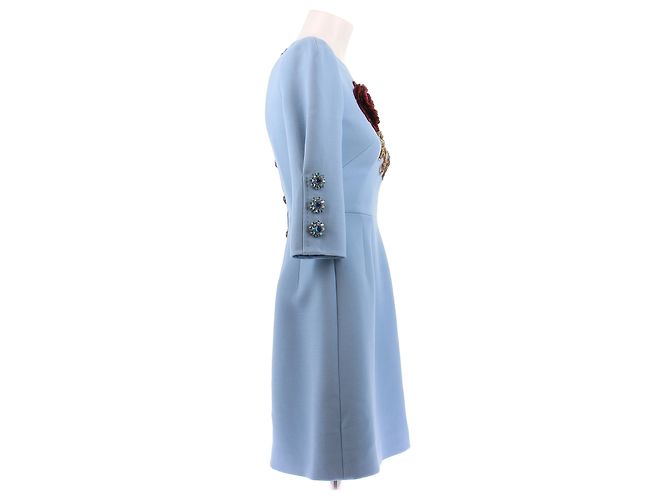 Dolce & Gabbana Vestido corto azul con flor de lentejuelas en lana y seda - vista 3