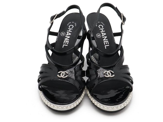 Timeless Chanel Lackleder Wedge Sandalen Schwarz - Ansicht 4