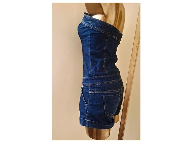 Autre Marque Macacão curto de denim sem alças Azul escuro - vista 6
