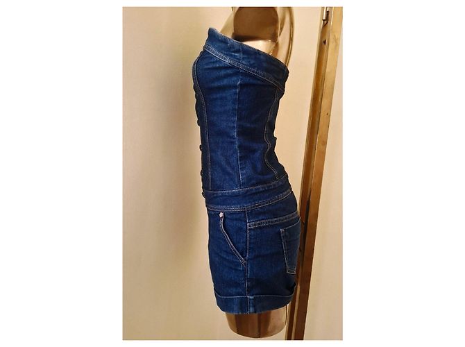 Autre Marque Macacão curto de denim sem alças Azul escuro - vista 7